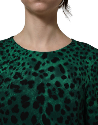 Green Leopard Print Silk Knee Length Dress