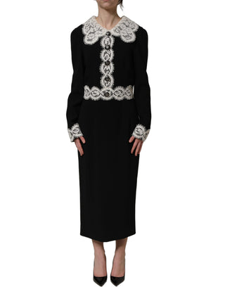 Black Lace Detailing Long Sleeves Midi Dress