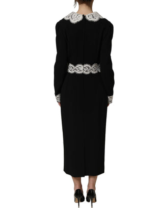 Vestido midi de manga larga con detalles de encaje negro