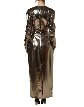 Metallic Gold Polyester LongSleeve Maxi Dress