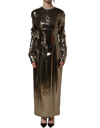 Metallic Gold Polyester LongSleeve Maxi Dress