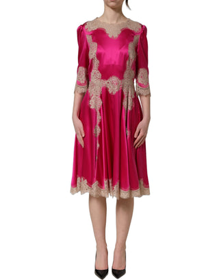 Fuchsia Pink Lace Detail A-line Midi Dress