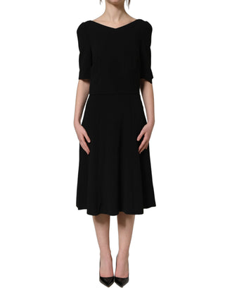 Black Viscose Short Sleeve A-line Midi Dress
