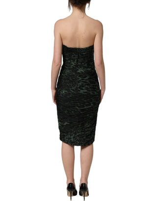 Green Leopard Print Bustier Draped Midi Dress
