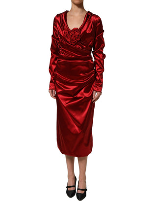Red Silk Satin Draped Midi Floral Applique Dress