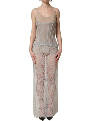 Gray Lace Corset Style Bodice Maxi Dress