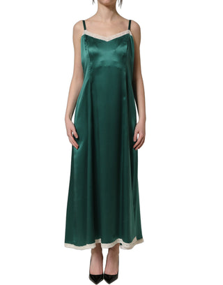 Green Satin Lace Trim Sleeveless Maxi Dress