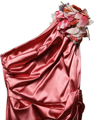 Pink Draped Midi Flower Appliques Dress