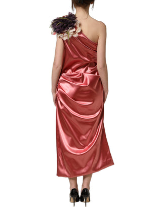 Pink Draped Midi Flower Appliques Dress