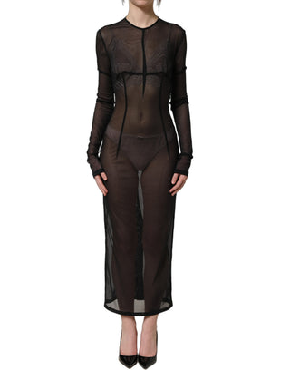 Black Long Sleeve Sheer Fitted Maxi Dress