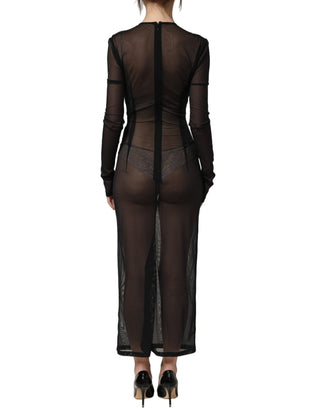 Black Long Sleeve Sheer Fitted Maxi Dress