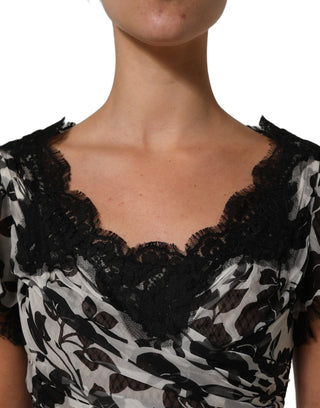 Vestido maxi negro de seda con encaje floral y bordado Ricamo