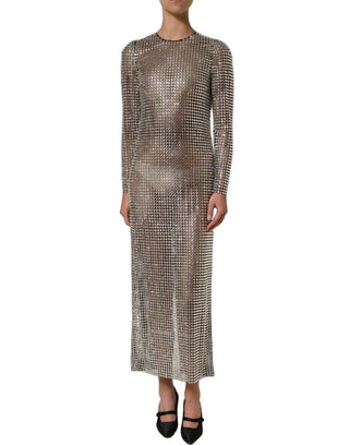 Vestido largo beige adornado con cristales