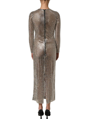 Vestido largo beige adornado con cristales