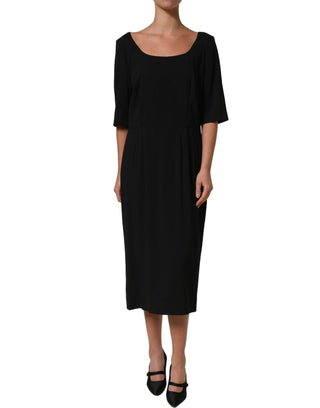 Black Viscose Cropped Sleeves Midi Dress