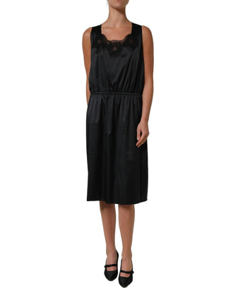 Black Polyester LaceTrim Sheath Midi Dress