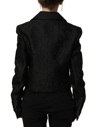 Black Floral Brocade Biker Blouson Jacket