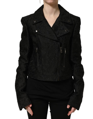 Black Floral Brocade Biker Blouson Jacket