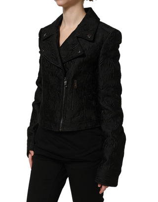Black Floral Brocade Biker Blouson Jacket