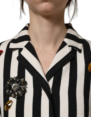 Black White Striped Embellished Coat Jacket
