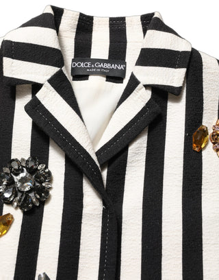 Black White Striped Embellished Coat Jacket