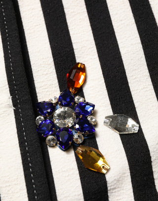 Black White Striped Embellished Coat Jacket