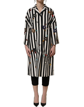 Black White Striped Embellished Coat Jacket