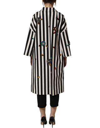 Black White Striped Embellished Coat Jacket