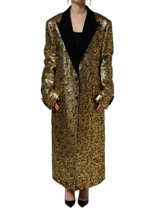 Gold Floral Jacquard Wool Trench Coat Jacket