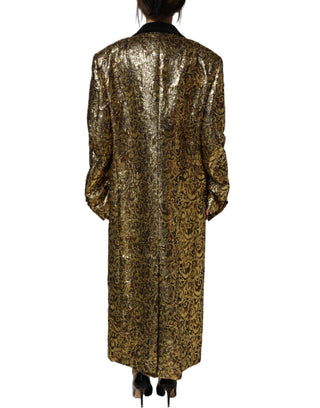 Gold Floral Jacquard Wool Trench Coat Jacket