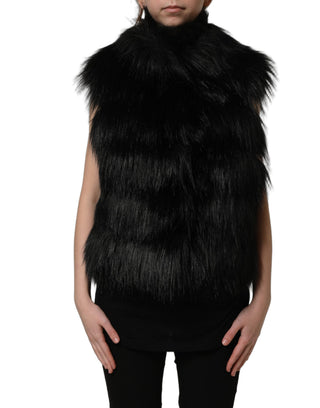 Black Acrylic Faux Fur Sleeveless Vest Jacket