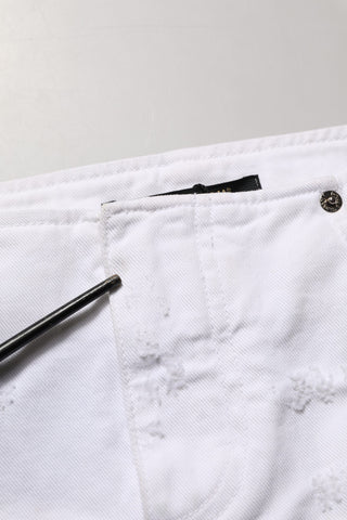 White Distressed Cotton Denim Mini Skirt