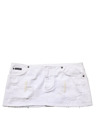 White Distressed Cotton Denim Mini Skirt