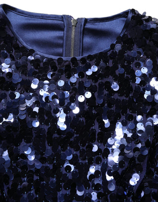 Blue Sequined Long Sleeves Crop Blouse Top