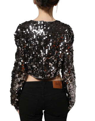 Black Sequined Long Sleeves Crop Blouse Top