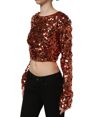 Red Sequined Long Sleeves Crop Blouse Top
