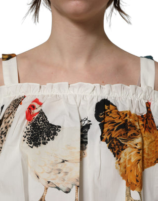 White Rooster Print Poplin Off The Shoulder Top