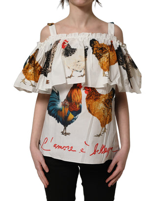 White Rooster Print Poplin Off The Shoulder Top