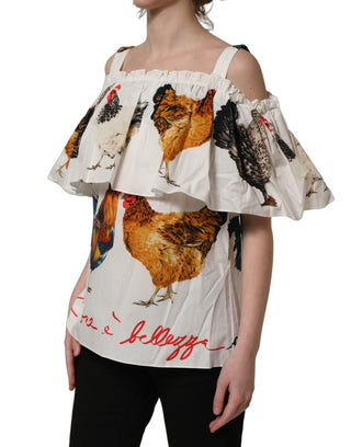White Rooster Print Poplin Off The Shoulder Top