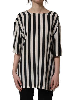 Black White Stripes Round Neck Blouse Top