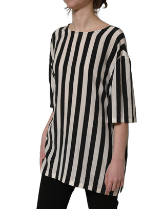 Black White Stripes Round Neck Blouse Top