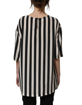Black White Stripes Round Neck Blouse Top