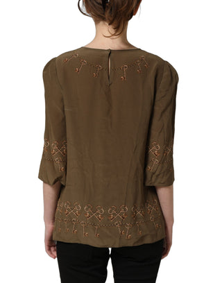 Brown Keys Roses Printed Silk Blouse Top