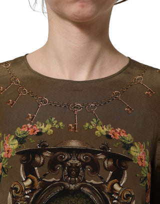 Brown Keys Roses Printed Silk Blouse Top
