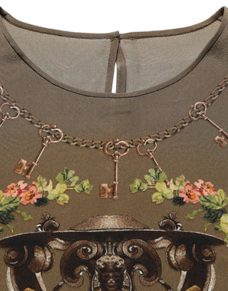 Brown Keys Roses Printed Silk Blouse Top