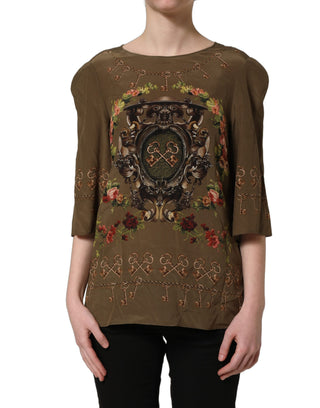 Brown Keys Roses Printed Silk Blouse Top