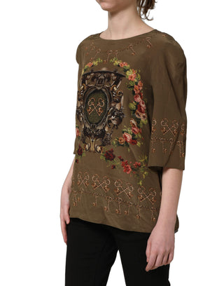 Brown Keys Roses Printed Silk Blouse Top