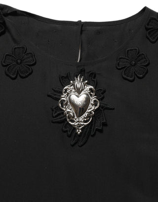 Black Floral Silk Heart Appliqué Blouse Top