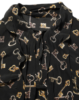 Black Keys Print Silk Tie Neck Blouse Top