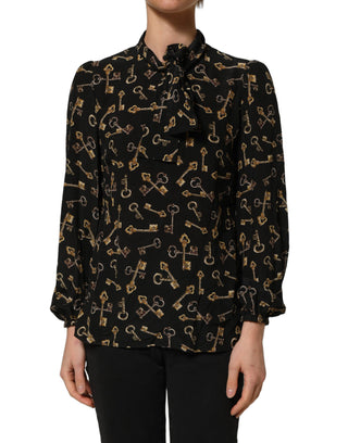 Black Keys Print Silk Tie Neck Blouse Top